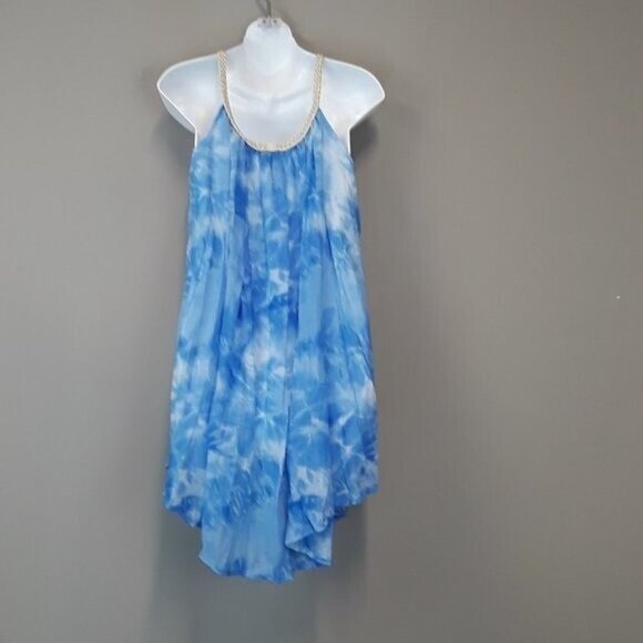 Kaktus Womens BOHO Tunic Top Small Blue Tie Dye Sleeveless Pleated Beach - Picture 3 of 7
